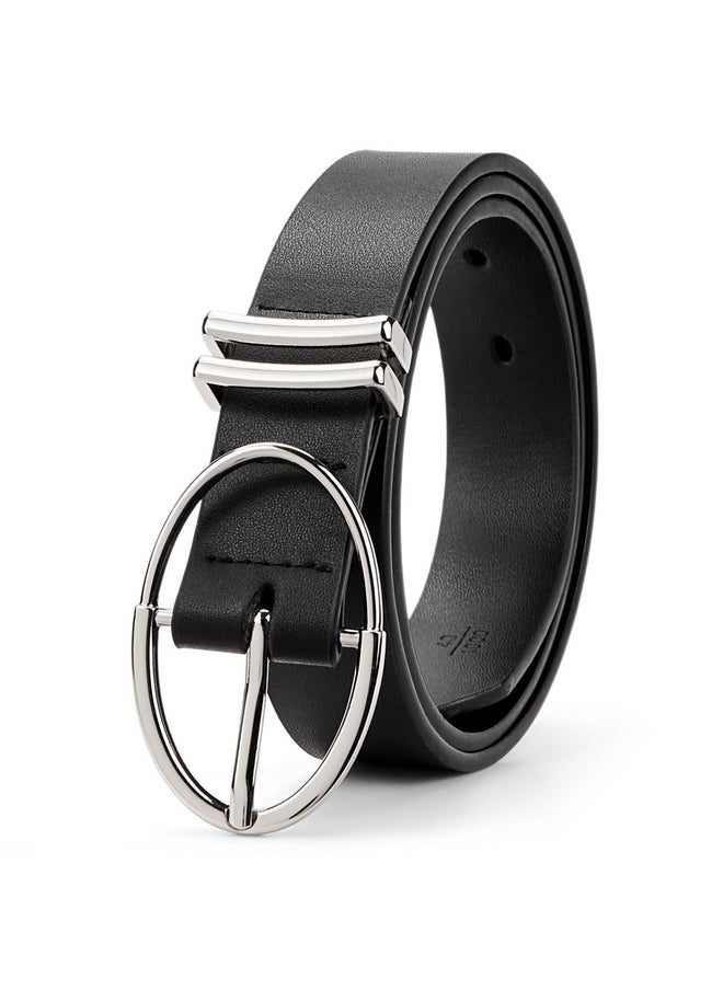 Women Belts For Jeans Dresses Pants Trendy Ladies Leather Waist Black Belt With Silver Oval Buckle