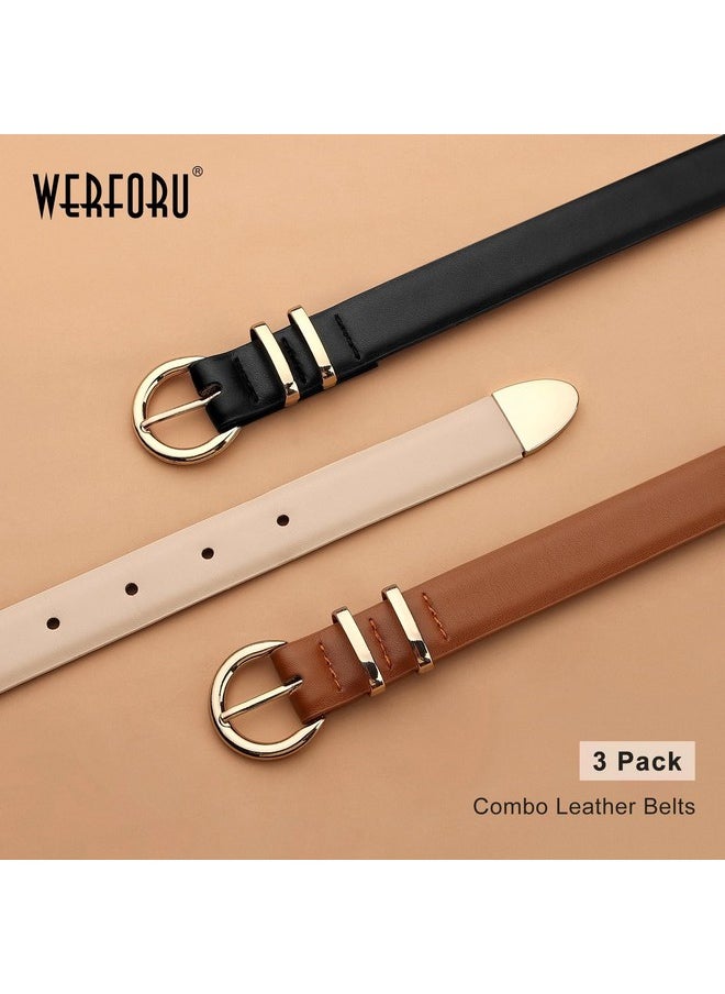 WERFORU 3 Pack Women's Skinny Leather Belts for Jeans Dress Ladies Vintage Waist Belt with Gold Silver Buckle