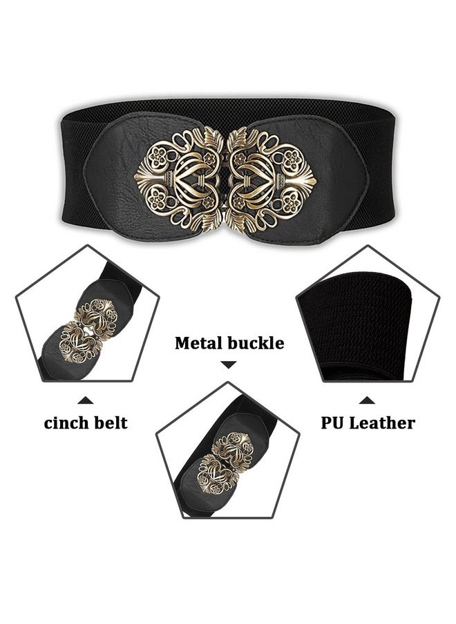 SYGA Women Cinch Belt, PU Leather Stretchy Waist Belt with Floral Metal Buckle, Retro Style - Black(Fits Waist Size 25-35)