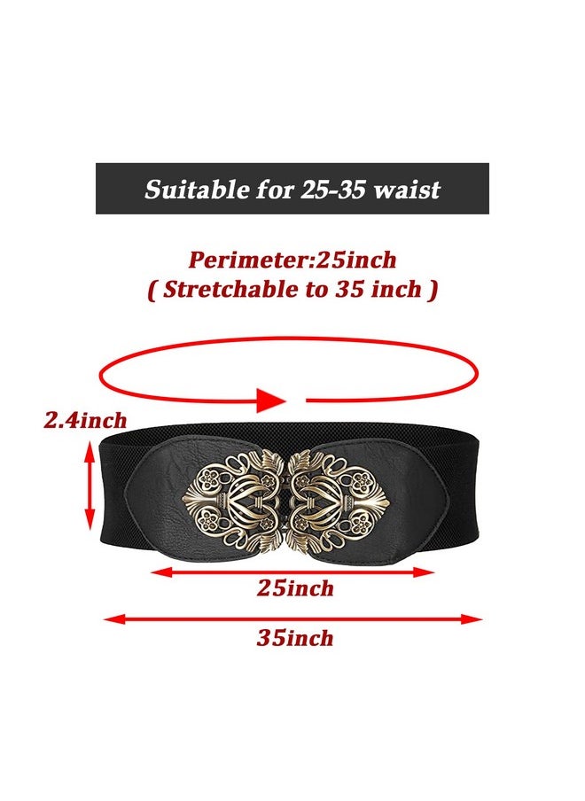 SYGA Women Cinch Belt, PU Leather Stretchy Waist Belt with Floral Metal Buckle, Retro Style - Black(Fits Waist Size 25-35)