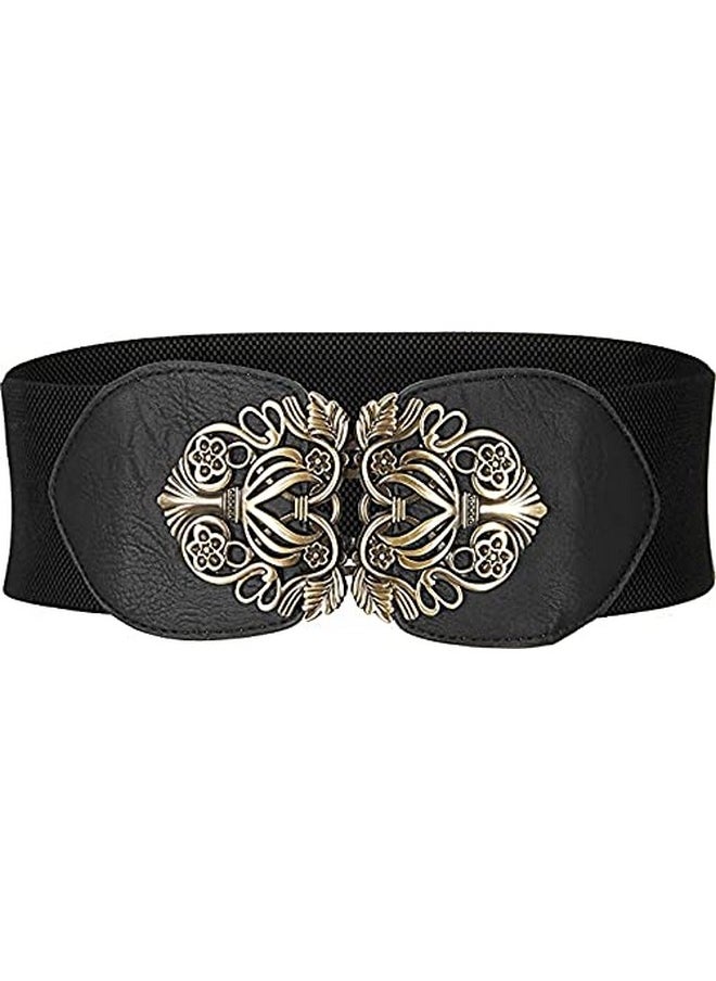 SYGA Women Cinch Belt, PU Leather Stretchy Waist Belt with Floral Metal Buckle, Retro Style - Black(Fits Waist Size 25-35)