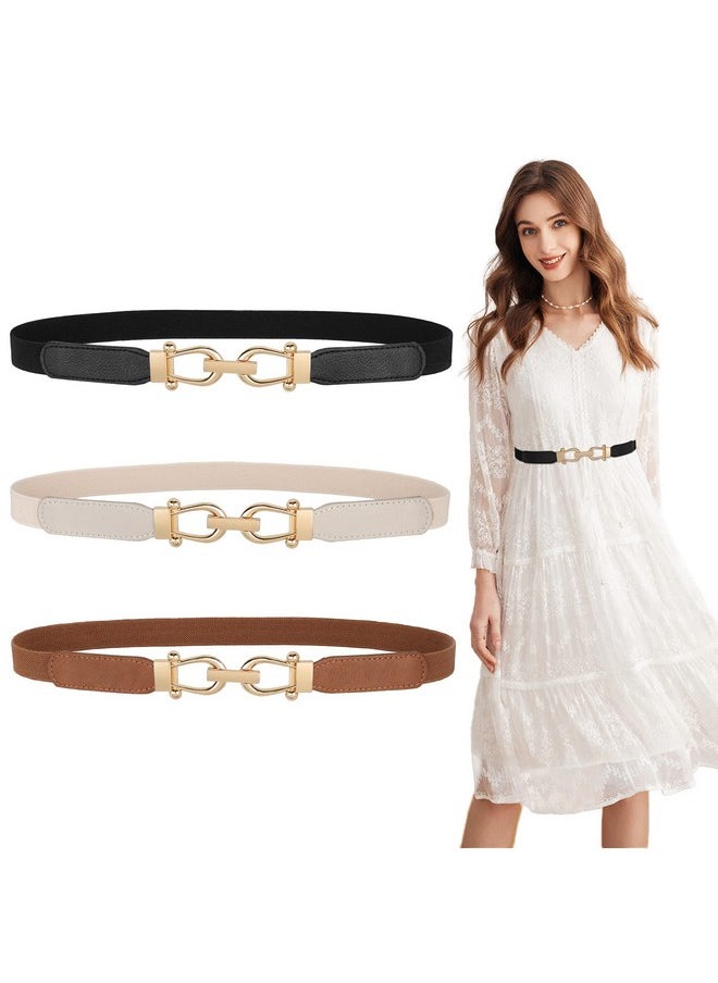 JASGOOD Women Skinny Elastic Belt for Dresses,Thin Retro Stretch Waist Belt with Golden Buckle 3 Pack,Black+Brown+Beige,Fit waist size 26-30 inch