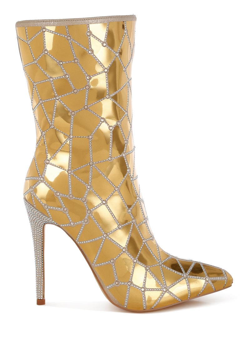 Rhinestones Embellished Metallic Boots in Gold