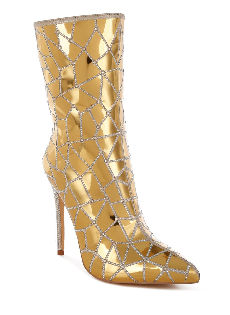 Rhinestones Embellished Metallic Boots in Gold