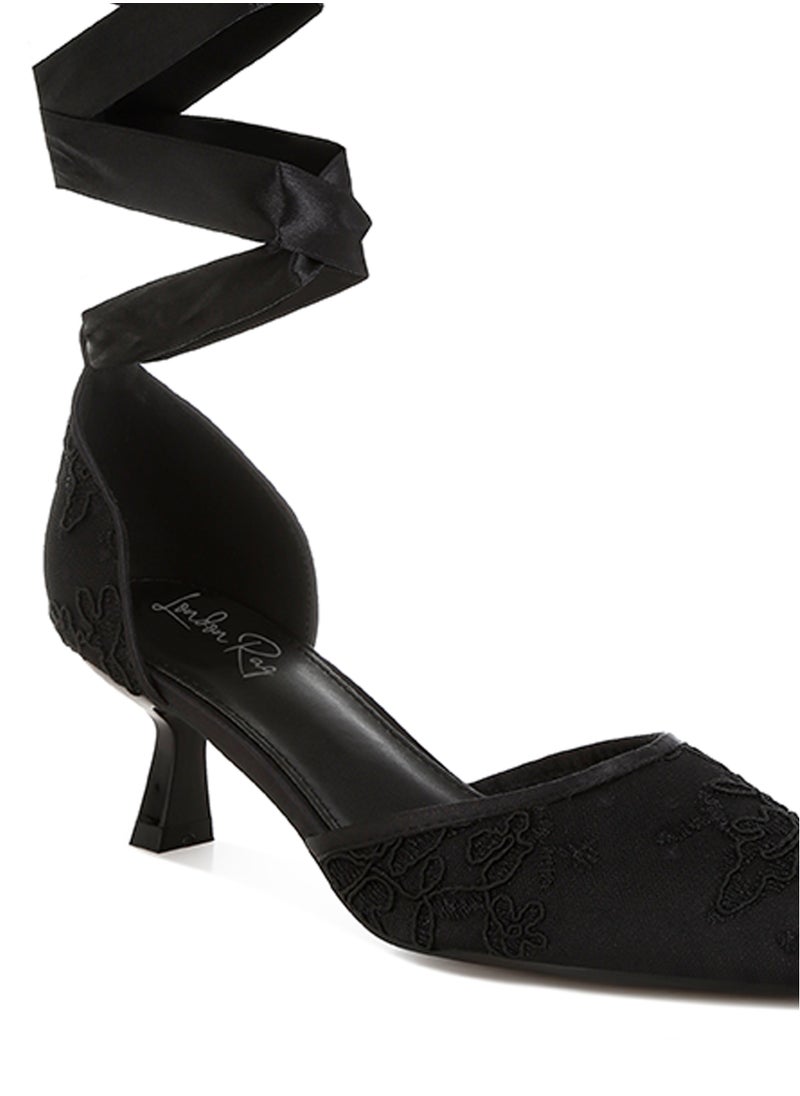 Lace Kitten Heel Sandals in Black