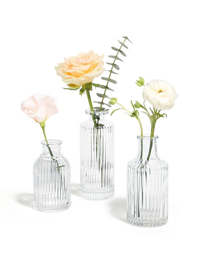 ComSaf Glass Bud Vases Set of 3, Small Flower Vases in Bulk, Mini Ribbed Vases for Centerpieces, Clear Vintage Vases for Table Decorations, Wedding, Party, Receptions, Home Decor (Different Sizes)