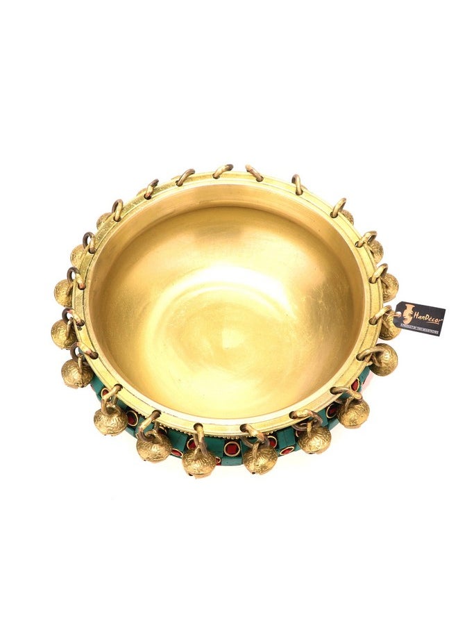 Two Moustaches Gemstone Work 6 Inch Brass Urli Ethnic Traditional Bowl With Bells, Gemstone Work, Material - Brass, Pack Of 1 - 500 Ml