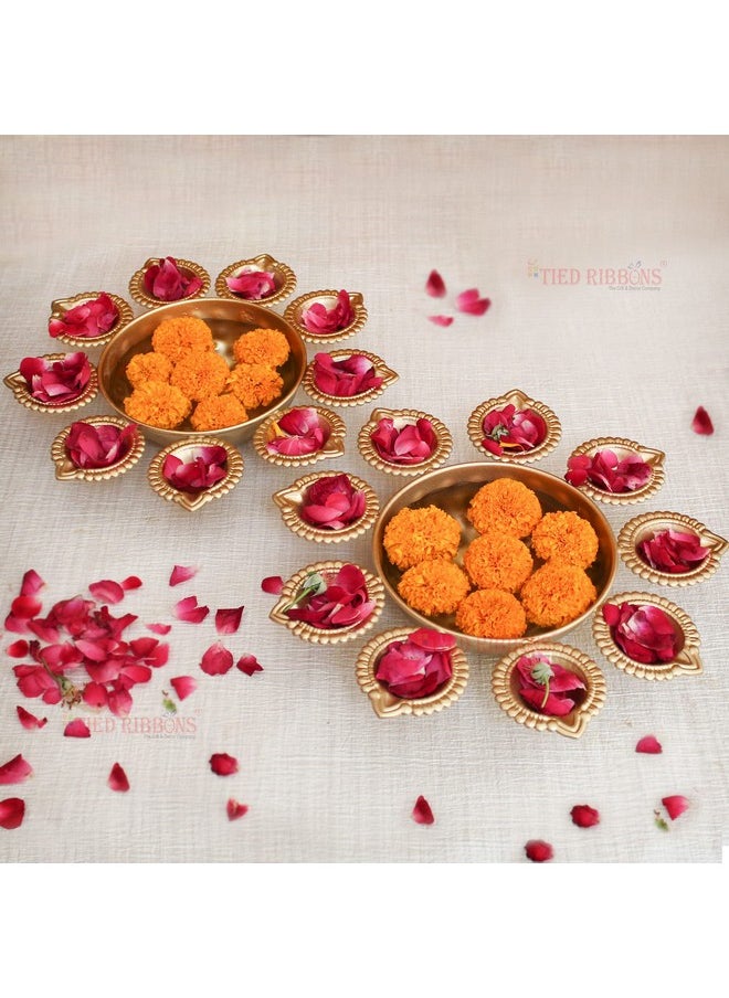 TIED RIBBONS 2 Pcs Decorative Urli Bowl With 10 Attached Oil Diyas For Floating Flowers And Tealight Candles (29 Cm X 5 Cm) - Decoration Items For Home Decor Center Table Pooja Room Office, Golden