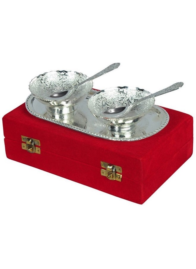 Rastogi Handicrafts Aluminium Silver Plated Serving Dessert Bowls Round Shaped Small Bowl Set with Spoon Decorative Bowls (Capsule Silver Set, Item Size 3.5