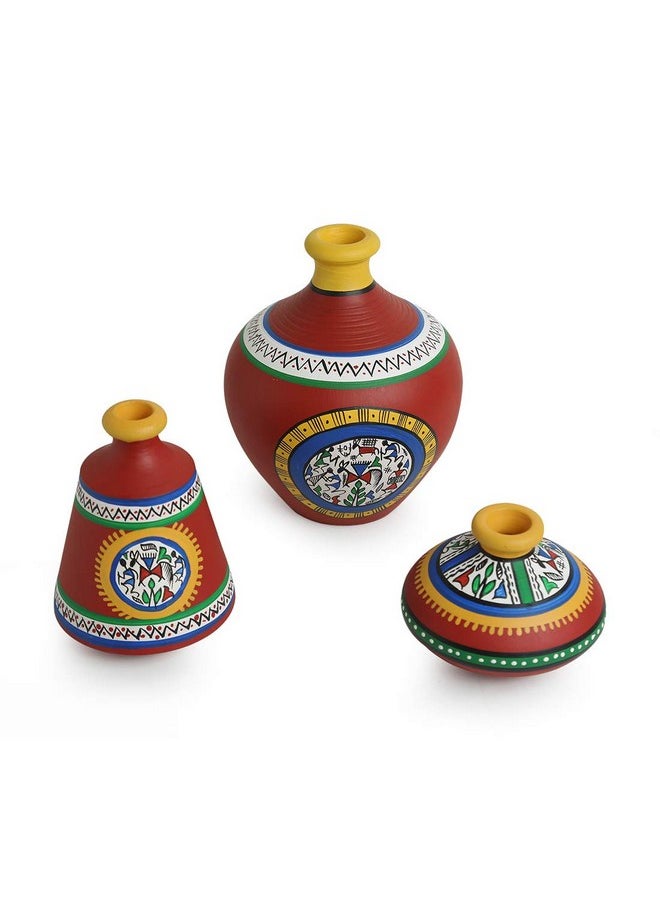 ExclusiveLane Earthenware Red Matkis Handpainted Terracotta Vases Set of 3 - Round Flower Vases for Home Decoration Terracotta Vase Home Decor Items for Living Room