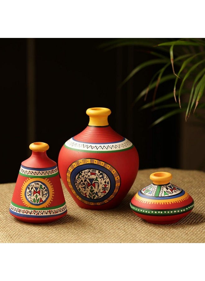 ExclusiveLane Earthenware Red Matkis Handpainted Terracotta Vases Set of 3 - Round Flower Vases for Home Decoration Terracotta Vase Home Decor Items for Living Room