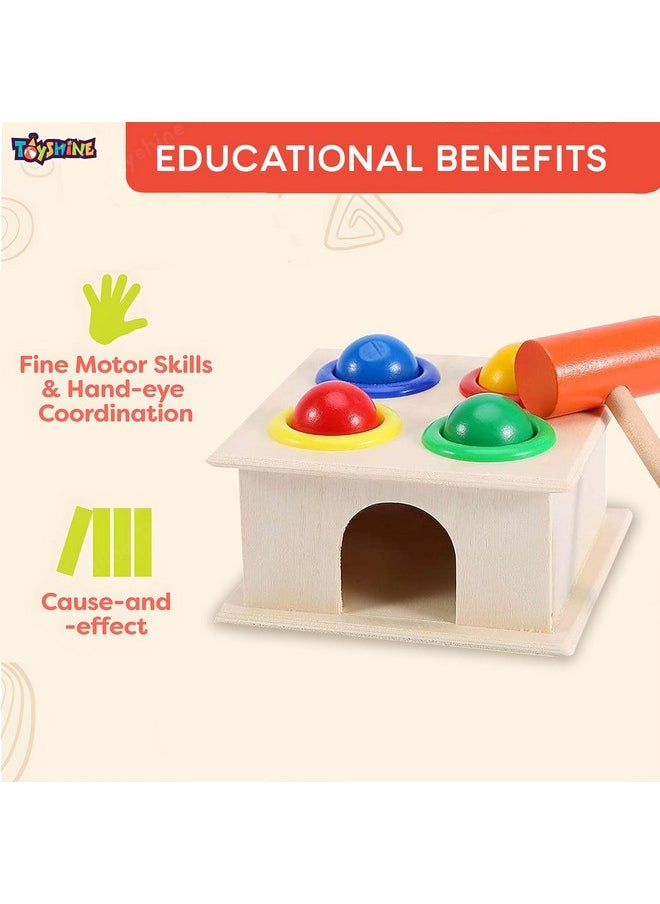 Toyshine Wooden Ball Hammer Pound Shape Sorter Toy for Toddlers 4 Balls 1 Hammer Toy Montessori Toys for Baby Boys & Girls Interactive Learning fine Motor Skills Toy