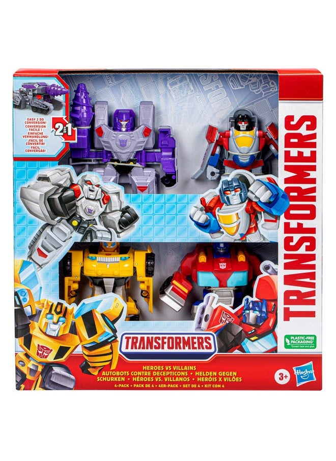 Transformers Toys Heroes vs Villains 4-Pack, Autobot and Decepticon 4.5-Inch Action Figures, Preschool Robot Toys for Kids Ages 3 and Up