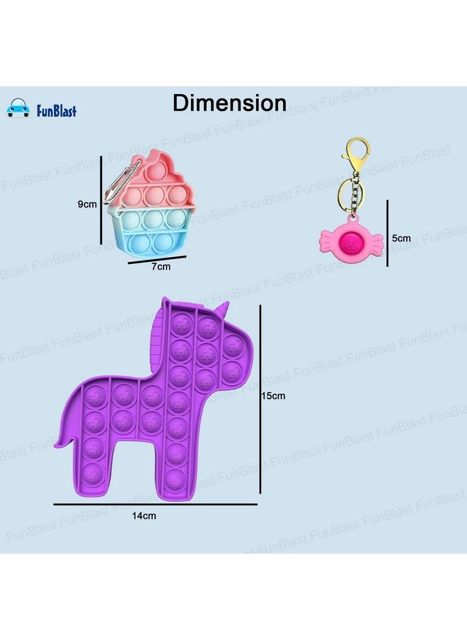 FunBlast 3 in 1 Unicorn Pop Fidget Toy for Girls with Keychain, Pop it Toys Set of 3, Kids Toy, Kids pop it (Random Color)