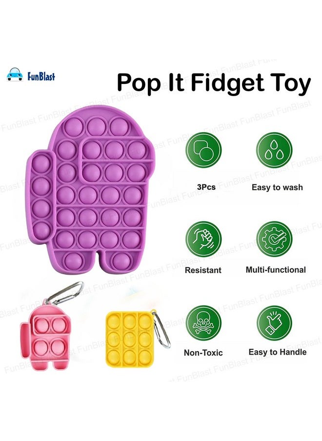 FunBlast Pop it Toy for Kids, Pack of 3 Unit - Robot with 2 Keychain Pop it Fidget Toy for Kids, Real Silicone Pop it Games for Kids (Multicolor) (FB-3)