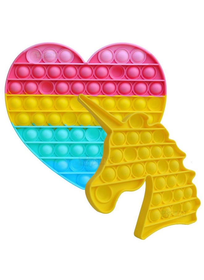 Toyshine Pack of 2- Big Heart (63 Bubbles) and Unicorn (28 Bubbles) Pop it Popping Sounds Toy, Push Bubbles for Autism Stress Reliever, Sensory Pop It Toy- Yellow Unicorn Mulitcolor Heart