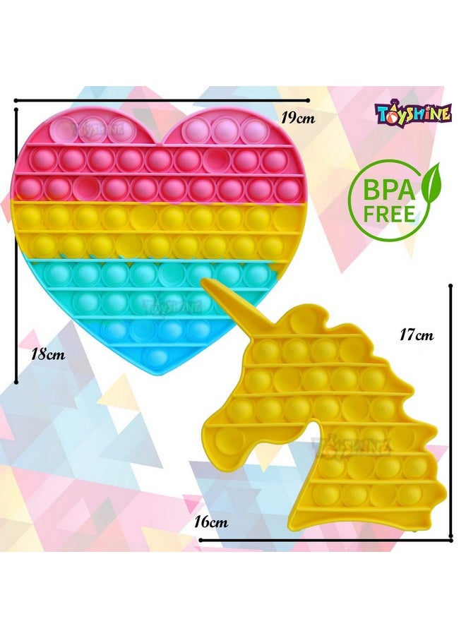 Toyshine Pack of 2- Big Heart (63 Bubbles) and Unicorn (28 Bubbles) Pop it Popping Sounds Toy, Push Bubbles for Autism Stress Reliever, Sensory Pop It Toy- Yellow Unicorn Mulitcolor Heart