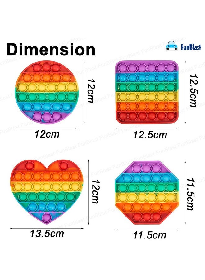 FunBlast Pop it Fidget Toy - Pack of 4 -Square, Hexagon, Round & Heart Pop It Fidget Toy, Autism Special Needs Silicone Stress Reliever, Squeeze Sensory Toy (Multicolor)