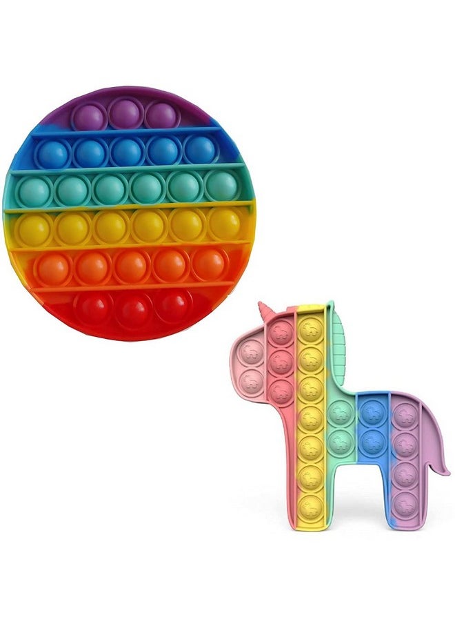 FI - FLICK IN Pack of 2 Round & Unicorn Pop It Fidget Toys, Push Pop Bubble Fidget Sensory Toy, Autism Special Needs Silicone Stress Relief Toy for Girls Boys Kids Adults (Rainbow)