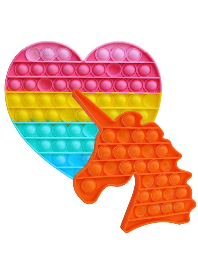 Toyshine Pack of 2- Big Heart (63 Bubbles) and Unicorn (28 Bubbles) Pop it Popping Sounds Toy, Push Bubbles for Autism Stress Reliever, Sensory Pop It Toy- Orange Unicorn Mulitcolor Heart