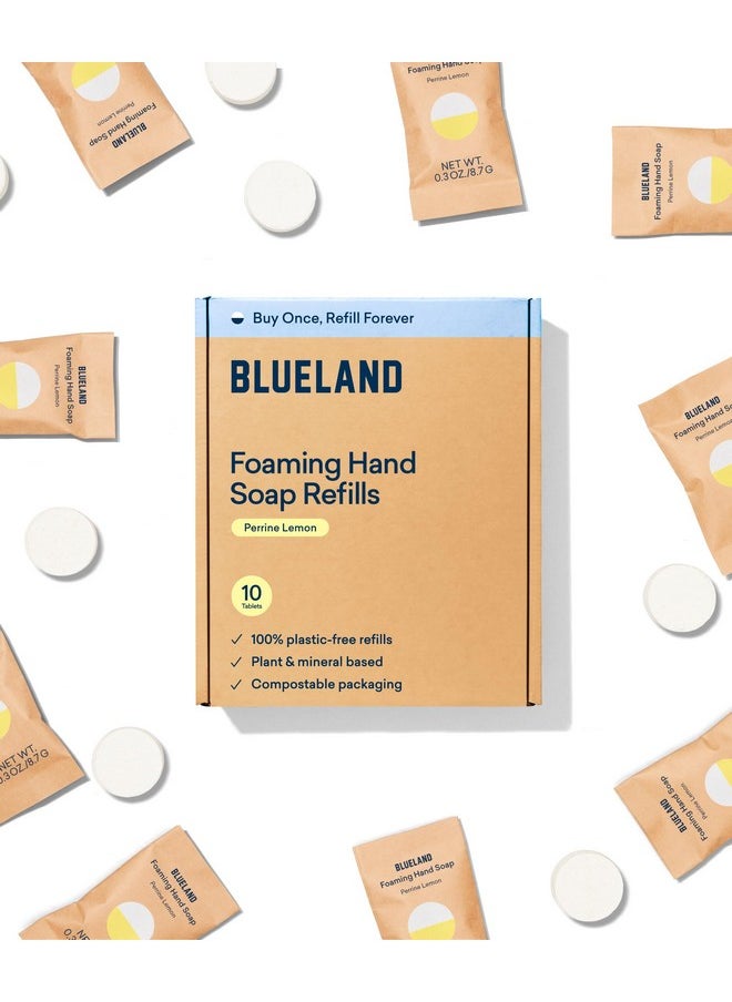 BLUELAND Foaming Hand Soap Tablet Refills - 10 Pack | Eco Friendly Products & Cleaning Supplies | Perrine Lemon Scent | Makes 10 x 9 Fl oz bottles (90 Fl oz total)