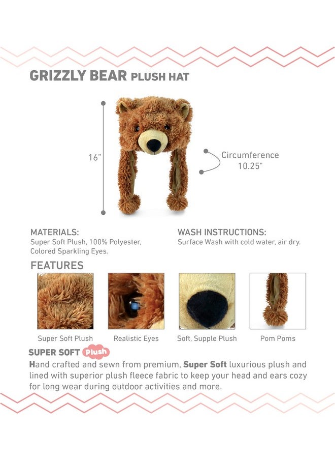 Puzzled Brown Grizzly Bear Hat - Soft Plush Animal Beanie with Ear Flaps, Cozy Fleece, Warm Winter Hat for Kids, Teens, Adults - One Size