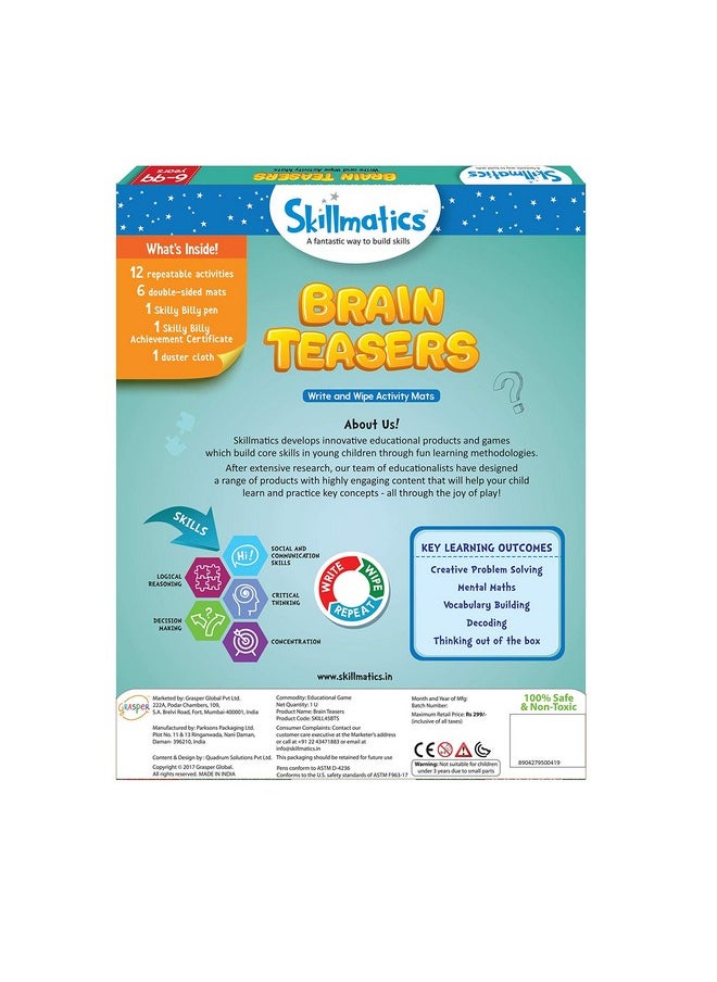 Skillmatics Educational Game: Brain Teasers | Gifts, Travel Toy & Learning Tools for 6 Year Olds and Up | Reusable Activity Mats with Dry Erase Marker