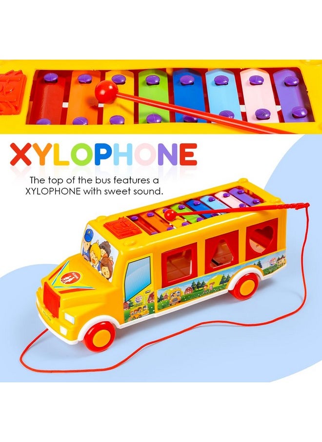 Ratna's 3 in 1 Shape Sorter Xylophone Pull Along Bus Shaped Combo Educational Musical Learning Toy for Kids & Toddlers (Assorted Colors & Designs)