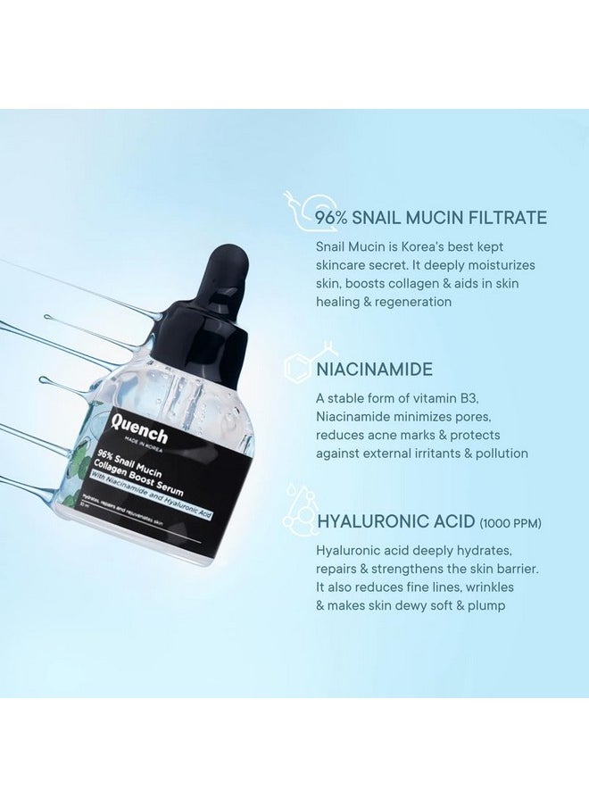 Quench 96% Snail Mucin Collagen Boost Serum With Niacinamide & Hyaluronic Acid | 72 Hours Hydration | Formulated & Made In Korea | Dewy Soft & Plump Skin | Prevents Early Signs Of Ageing (30Ml)