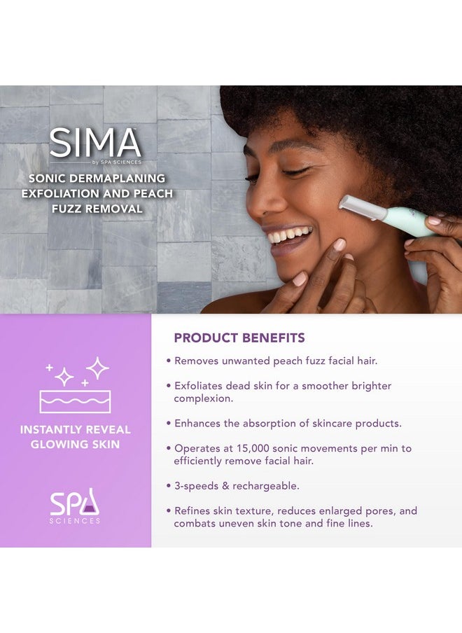 SPA SCIENCES - SIMA Sonic Dermaplaning Tool - Patented Painless 2 in 1 Facial Exfoliation & Peach Fuzz-Hair Removal System w/ 7 Weeks Treatment Included - Anti-Aging - 3 Speeds - Rechargeable