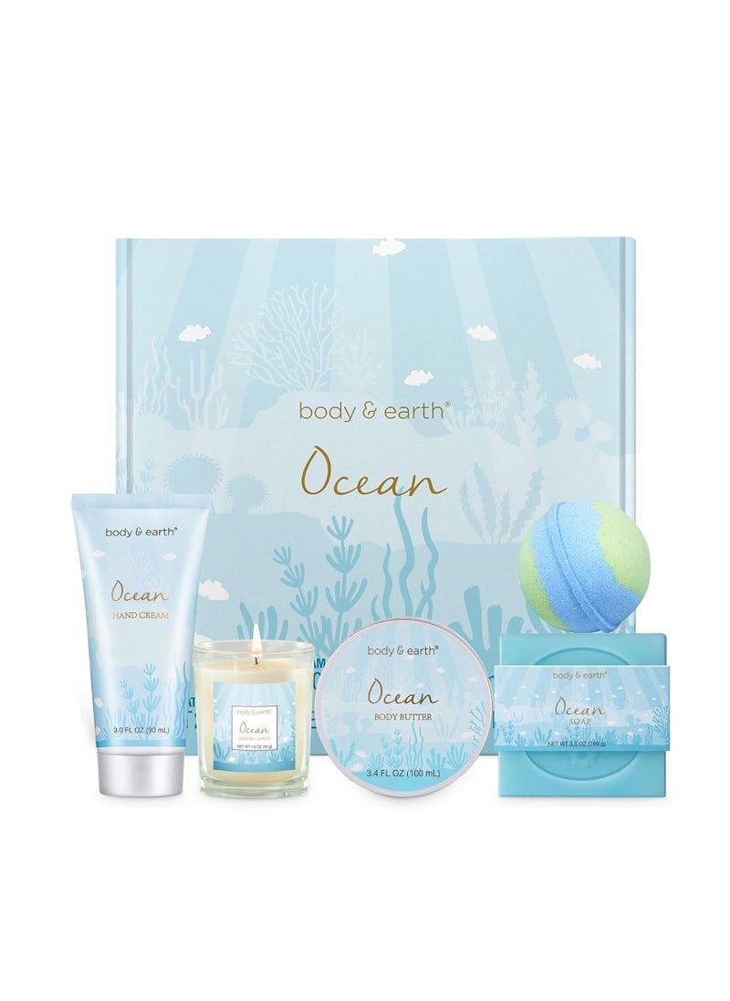 Bath and Body Gift Sets for Women with 5 Pcs Ocean Scented Spa Gifts for Women Bath Gifts for Women with Scented Candle Body Butter Hand Cream Bath Bomb Womens Gifts for Christmas