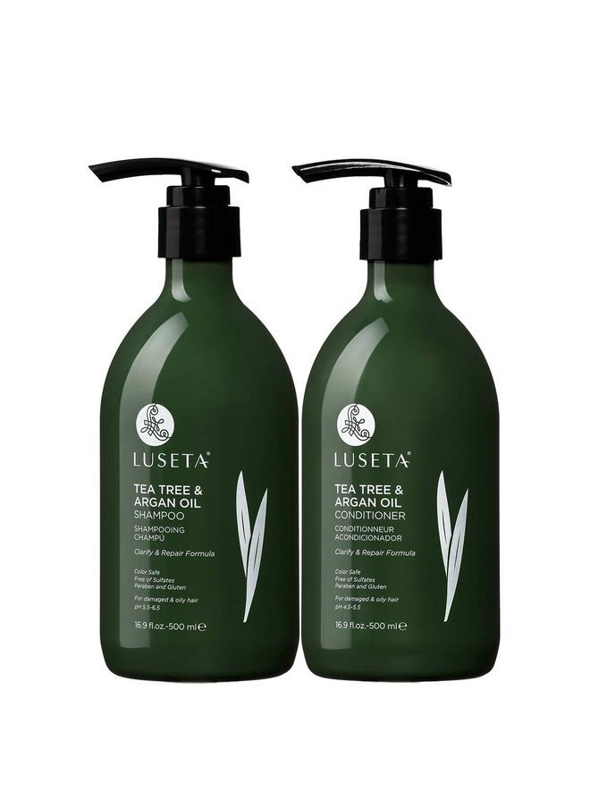 Luseta Shampoo and Conditioner Set with Tea Tree and Argan Oil for Oily Hair Clarifying, Fighting Dandruff Sulfate Paraben Free for Men and Women 2x16.9oz