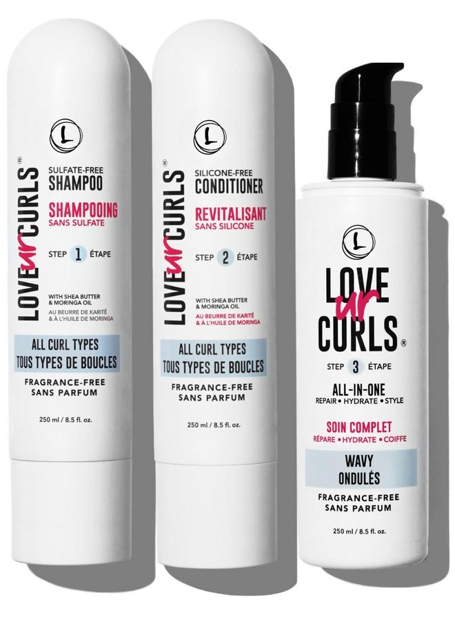 LUS (Love Ur Self) Fragrance-Free 3-Step System Shampoo and Conditioner Set with All-in-One Styler for Wavy Hair Nongreasy & Moisturizing - 8.5oz each