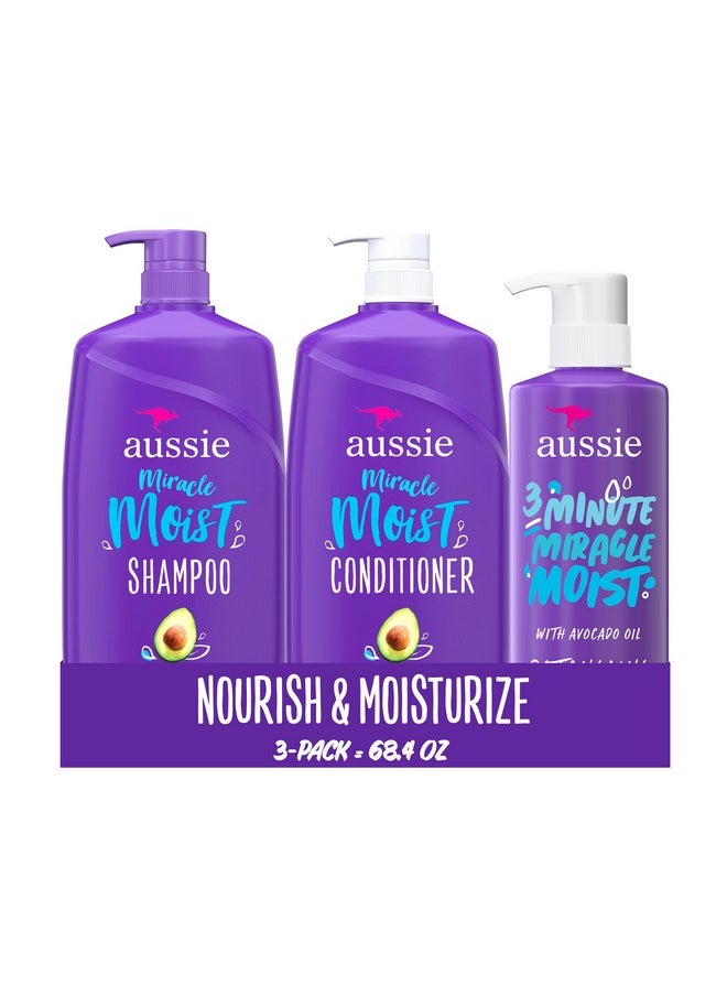 Aussie Miracle Moist Shampoo and Conditioner with 3 Minute Miracle Deep Conditioner, Avocado & Jojoba Oil, Paraben-Free, Moisturizes & Detangles, All Hair Types, Citrus Floral Scent, 3 Pack 68.4 Fl Oz