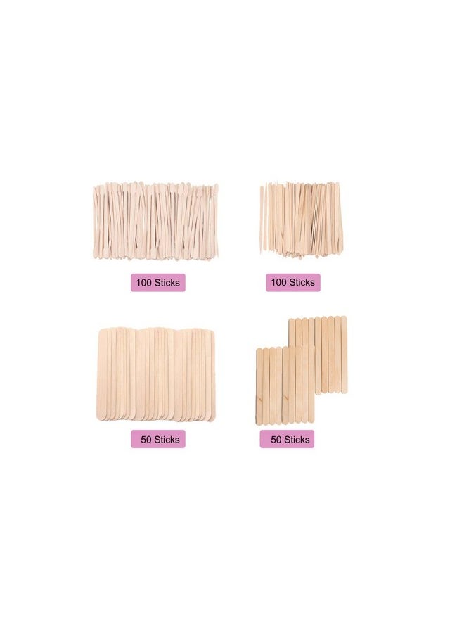 Mibly 4 Style 300 Pcs Assorted Wooden Wax Sticks for Body Legs Face and Small Medium Large Sizes Eyebrow Waxing Applicator Spatulas for Hair Removal or Wood Craft Sticks