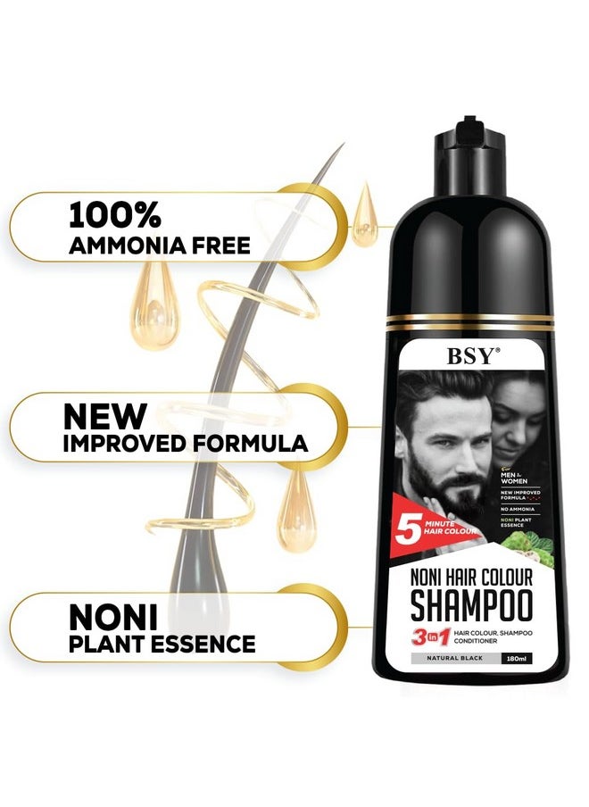 BSY Noni Natural Black Hair color shampoo - 180ml - Pump Pack | No Ammonia | 3 in 1 - Hair Dye Shampoo, conditioner for women | Noni Fruit Hair Dye for Men | 5 Minutes Hair Color