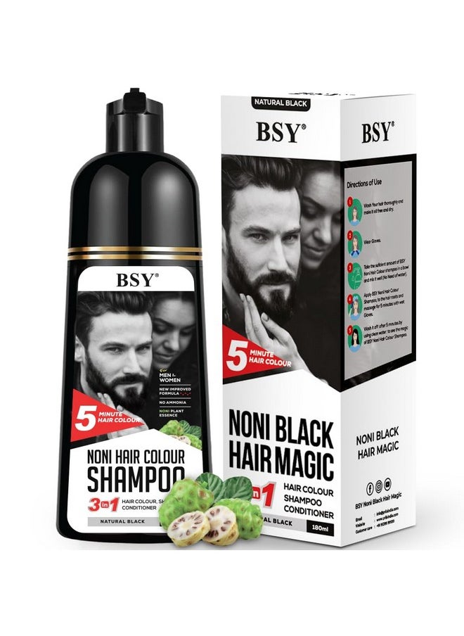 BSY Noni Natural Black Hair color shampoo - 180ml - Pump Pack | No Ammonia | 3 in 1 - Hair Dye Shampoo, conditioner for women | Noni Fruit Hair Dye for Men | 5 Minutes Hair Color