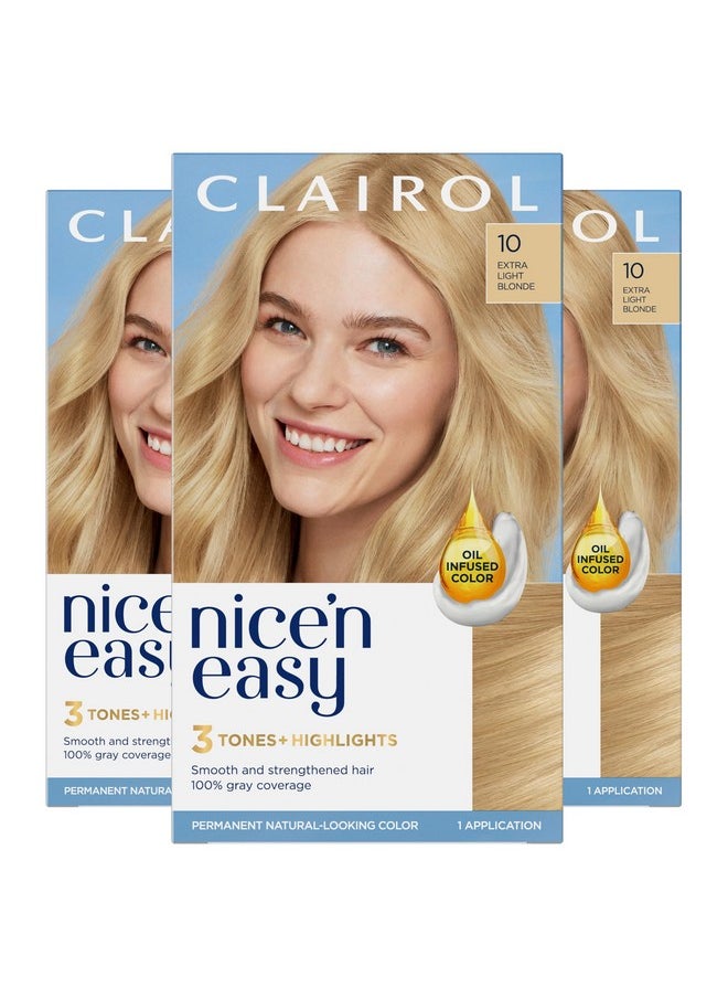 Clairol Nice'n Easy Permanent Hair Dye, 10 Extra Light Blonde Hair Color, Pack of 3