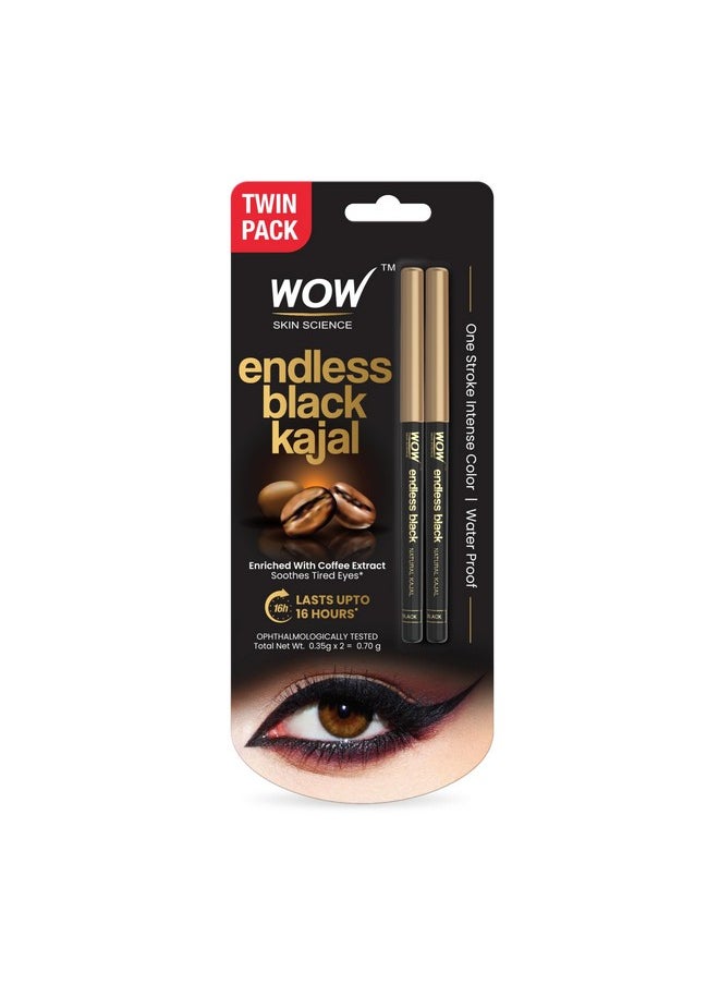 WOW Skin Science Endless Black Natural Kajal | Water Proof & Smudge Proof | Long Lasting Kajal Upto 16 long hours | No Parabens and Mineral Oils | Pack of 2