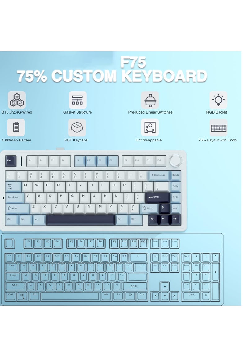 Wireless Mechanical Keyboard, F75 75% Gasket Hot Swappable Custom Keyboard, RGB Tri-Mode Connection Gasket Gaming Keyboard, with Knob, 2.4GHz/Type-C/Bluetooth Mechanical Keyboard