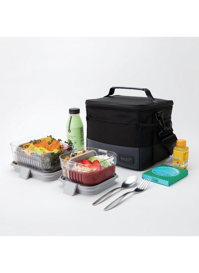 PackIt Freezable Lunch Pail, Black/Gray, Engineered with ECOFREEZE+ Technology: Triple Layered Protection for Ultimate Cooling, with Removable Crossbody Strap, Fresh Food On the Go