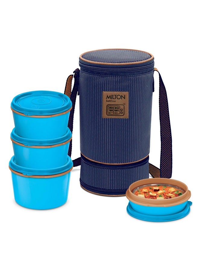 MILTON Flexi 3+1 Lunch Box with Insulated Fabric Jacket, 4 Inner Stainless Steel Containers (180 ml, 320 ml, 320 ml, 450 ml), Microwave Safe & Leak-Proof Tiffin for Office, School, College, Blue