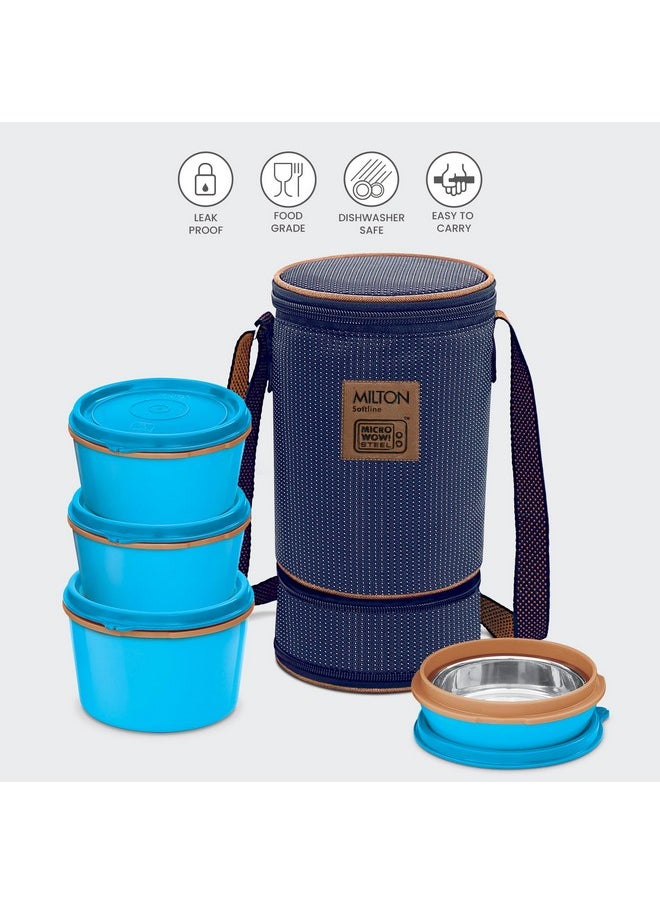 MILTON Flexi 3+1 Lunch Box with Insulated Fabric Jacket, 4 Inner Stainless Steel Containers (180 ml, 320 ml, 320 ml, 450 ml), Microwave Safe & Leak-Proof Tiffin for Office, School, College, Blue