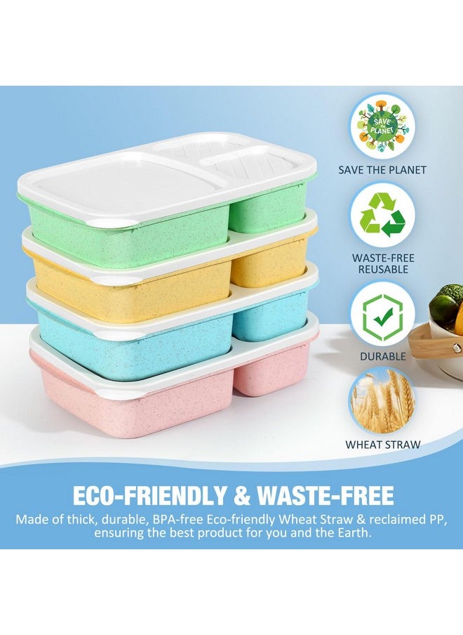 Caperci Bento Lunch Box Containers for Adults & Kids - 3-Compartment Reusable Meal Prep Containers with 2 Sauce Containers for School, Work, Travel, Wheat Straw, 4-Pack (Vintage Colors)
