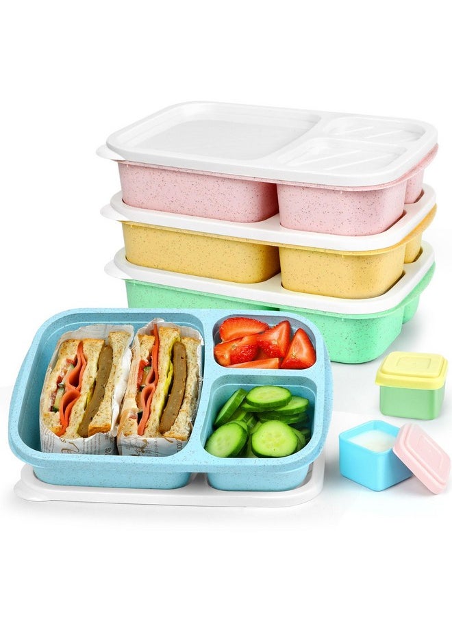 Caperci Bento Lunch Box Containers for Adults & Kids - 3-Compartment Reusable Meal Prep Containers with 2 Sauce Containers for School, Work, Travel, Wheat Straw, 4-Pack (Vintage Colors)