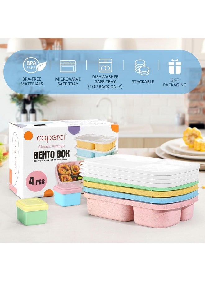 Caperci Bento Lunch Box Containers for Adults & Kids - 3-Compartment Reusable Meal Prep Containers with 2 Sauce Containers for School, Work, Travel, Wheat Straw, 4-Pack (Vintage Colors)