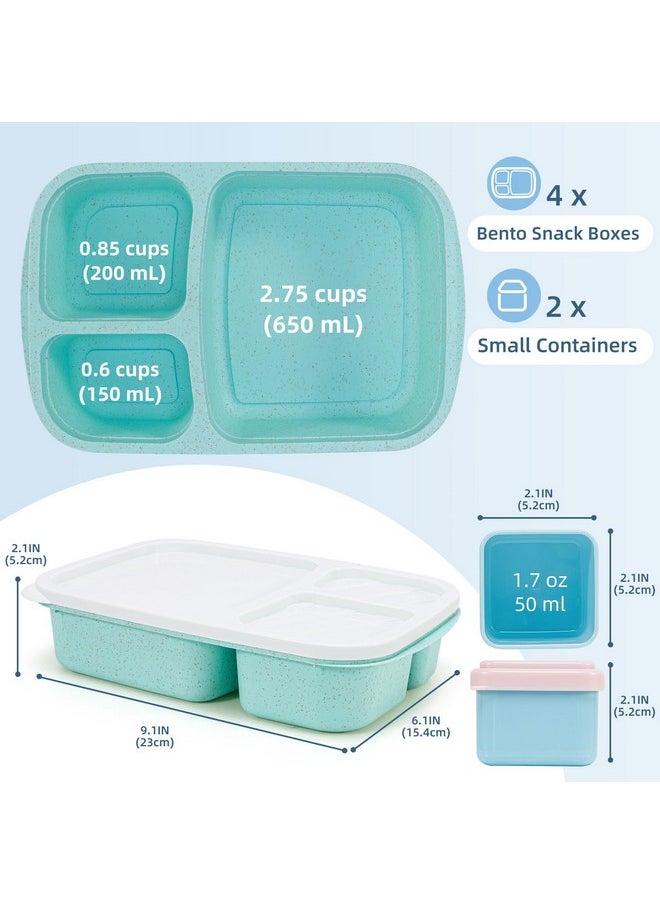 Caperci Bento Lunch Box Containers for Adults & Kids - 3-Compartment Reusable Meal Prep Containers with 2 Sauce Containers for School, Work, Travel, Wheat Straw, 4-Pack (Vintage Colors)