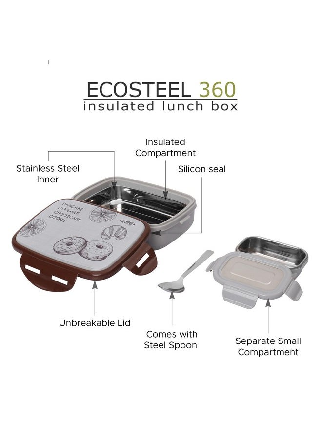 Jaypee Ecosteel Sr Grey 650 ml Stainless Steel Insulated Lunch Box for School & Office, Spoon, Airtight Leak-Proof, Tiffin Box for Kids