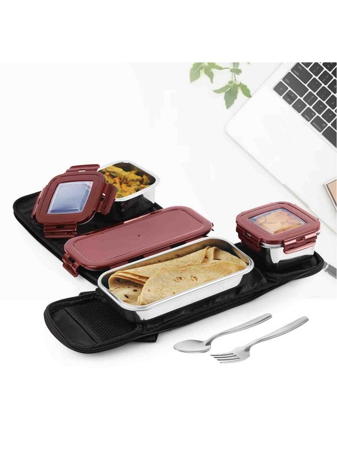 CELLO Swag Lunch Box with Inner Steel Set of 3 with Bag (Capacities - 355mlx 2 + 570ml x 1), Red | Tiffin Box with Jacket | Leakproof | Easy to Carry | Ideal for Office, School, College