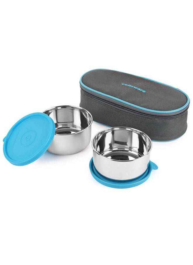 CELLO Steelox Stainless Steel Lunch Box Set of 2 with Bag (375ml x 2 Containers), Blue | Tiffin Box with Jacket | Leakproof | Easy to Carry | Ideal for Office, School, College